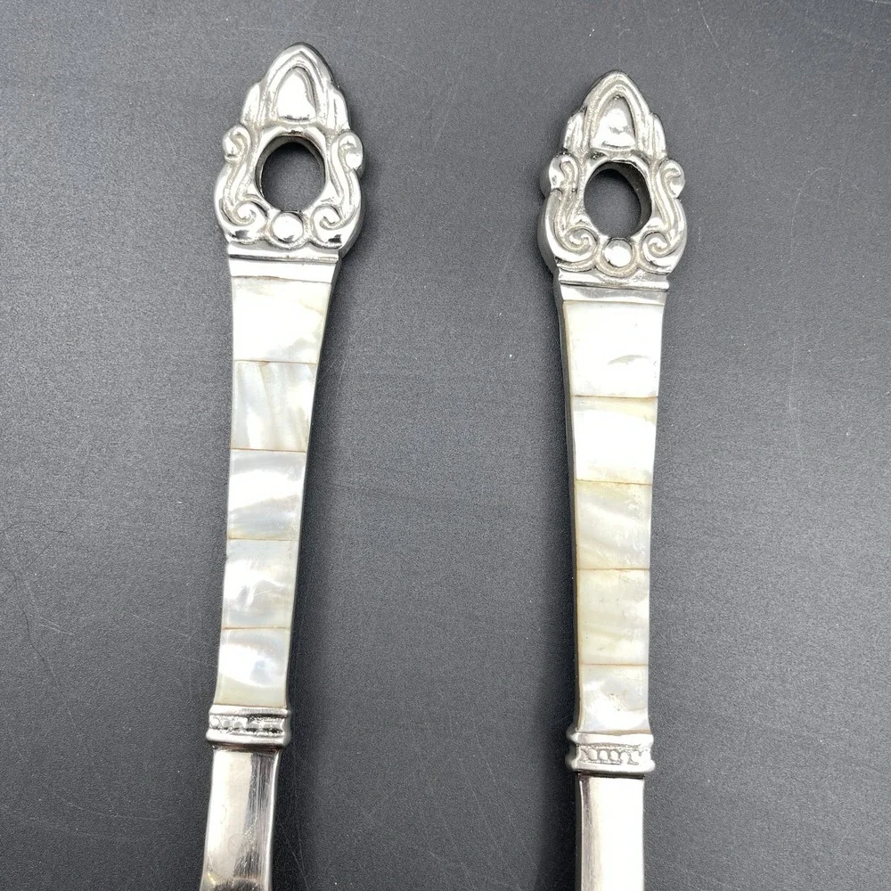 Vintage Mother of Pearl Handle Salad Serving Spoon & Fork Set Unmarked